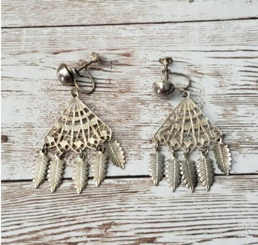 Vintage Screw On Earrings - Leaf Dangle Large 2" Long